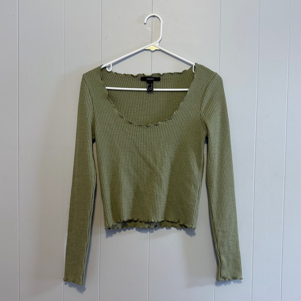 Forever 21 Long Sleeve Pointelle Cropped Tee Size Large